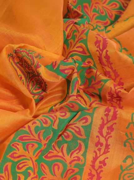 Silk cotton block printed saree orange and red with butta prints and printed border