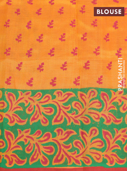 Silk cotton block printed saree orange and red with butta prints and printed border