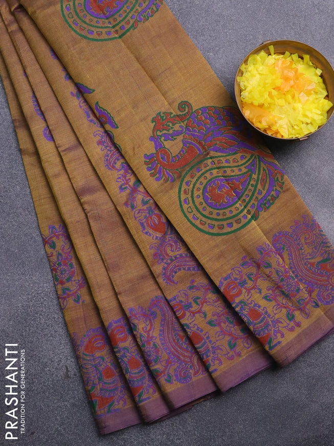 Silk cotton block printed saree olive green and violet shade with kalamkari butta prints and printed border