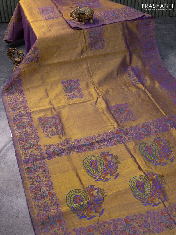 Silk cotton block printed saree olive green and violet shade with kalamkari butta prints and printed border