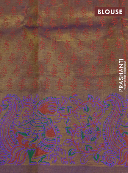 Silk cotton block printed saree olive green and violet shade with kalamkari butta prints and printed border