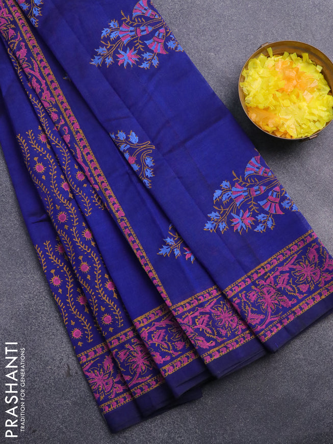 Silk cotton block printed saree blue with allover prints and printed border