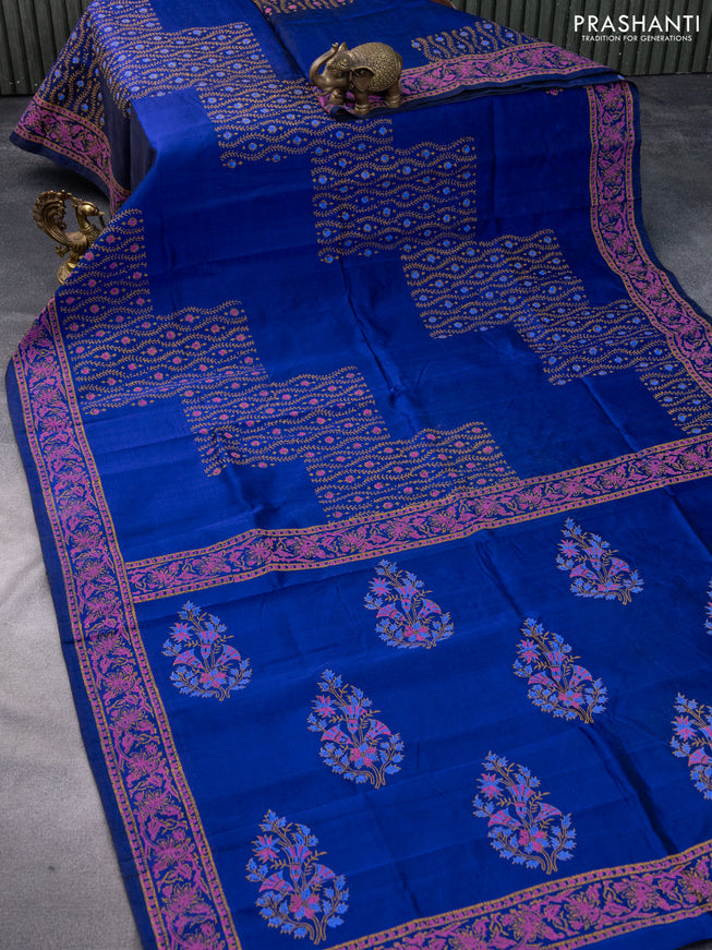 Silk cotton block printed saree blue with allover prints and printed border