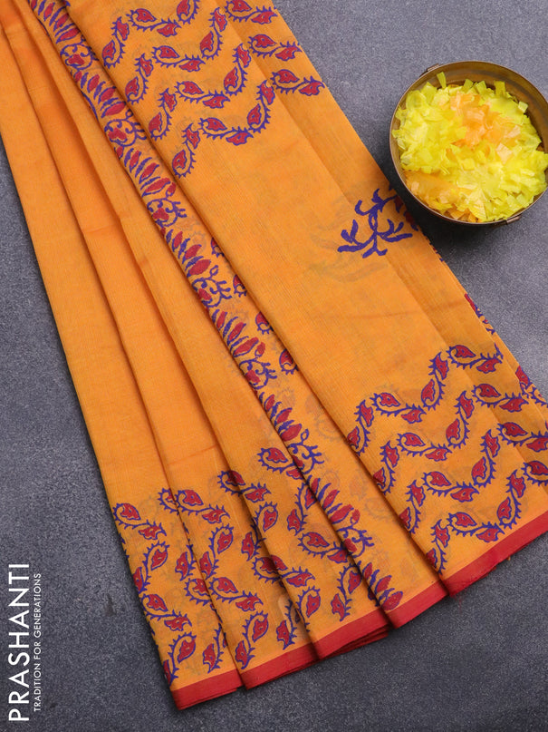 Silk cotton block printed saree orange and red with butta prints and printed border