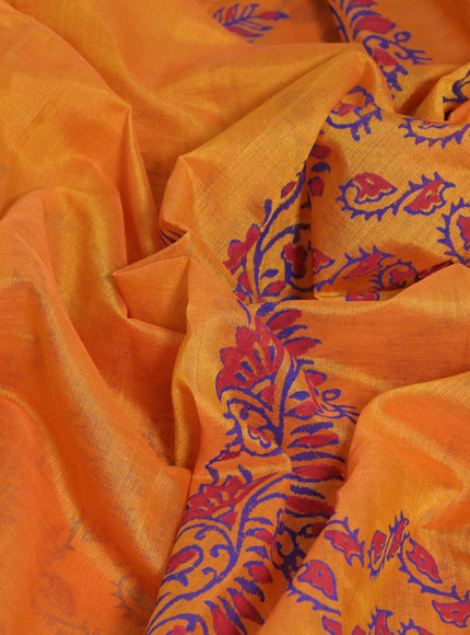 Silk cotton block printed saree orange and red with butta prints and printed border