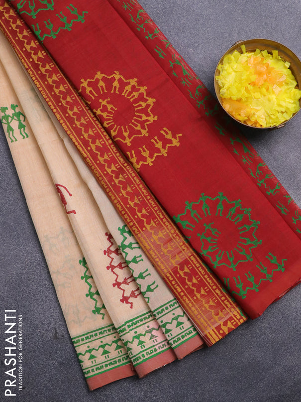 Silk cotton block printed saree sandal and maroon with warli butta prints and printed border