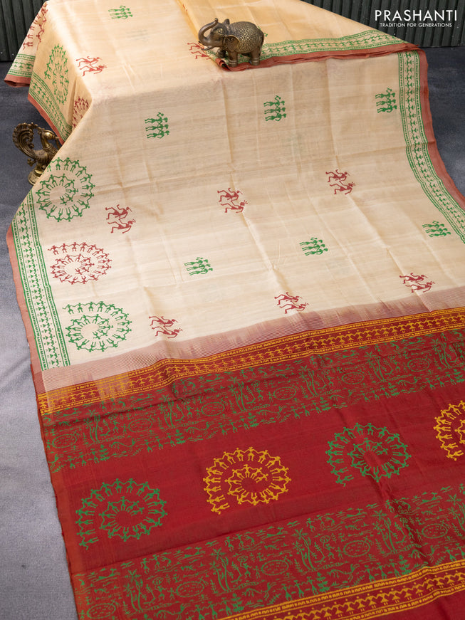 Silk cotton block printed saree sandal and maroon with warli butta prints and printed border