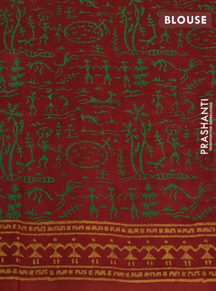 Silk cotton block printed saree sandal and maroon with warli butta prints and printed border