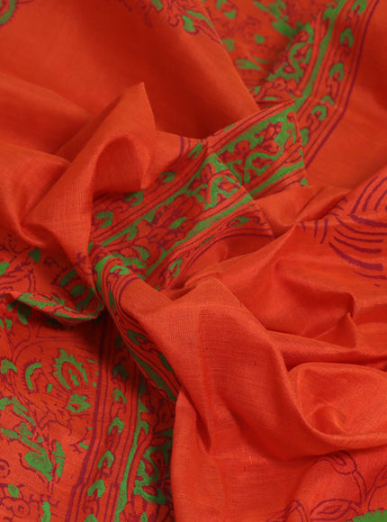 Silk cotton block printed saree orange and green with allover prints and printed border