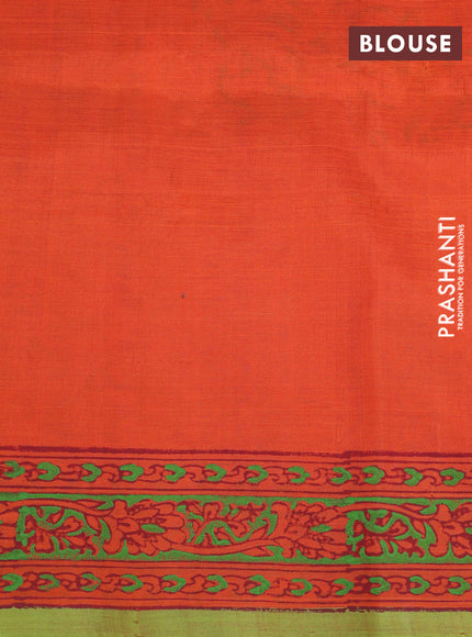 Silk cotton block printed saree orange and green with allover prints and printed border