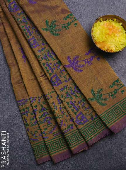 Silk cotton block printed saree olive green and violet shade with warli butta prints and printed border