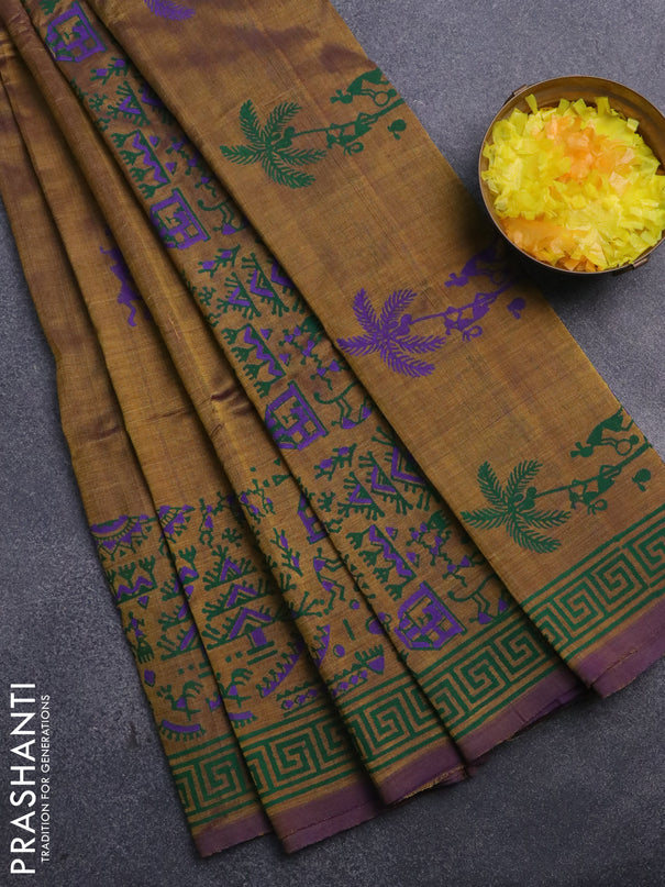 Silk cotton block printed saree olive green and violet shade with warli butta prints and printed border