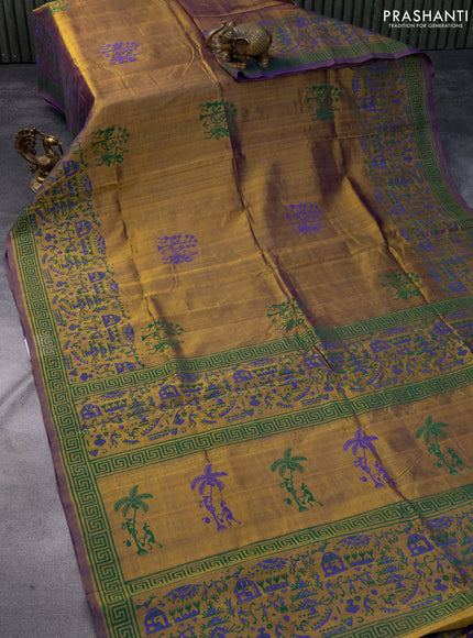 Silk cotton block printed saree olive green and violet shade with warli butta prints and printed border