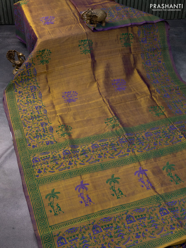 Silk cotton block printed saree olive green and violet shade with warli butta prints and printed border