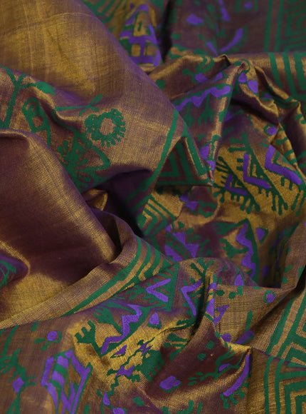 Silk cotton block printed saree olive green and violet shade with warli butta prints and printed border