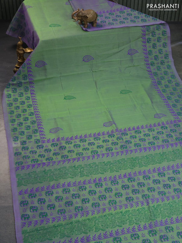 Silk cotton block printed saree dual shade of green and violet shade with butta prints and printed border