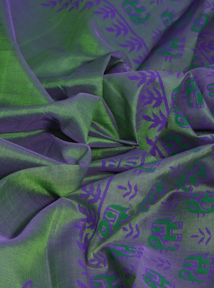 Silk cotton block printed saree dual shade of green and violet shade with butta prints and printed border