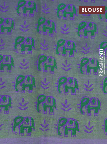 Silk cotton block printed saree dual shade of green and violet shade with butta prints and printed border