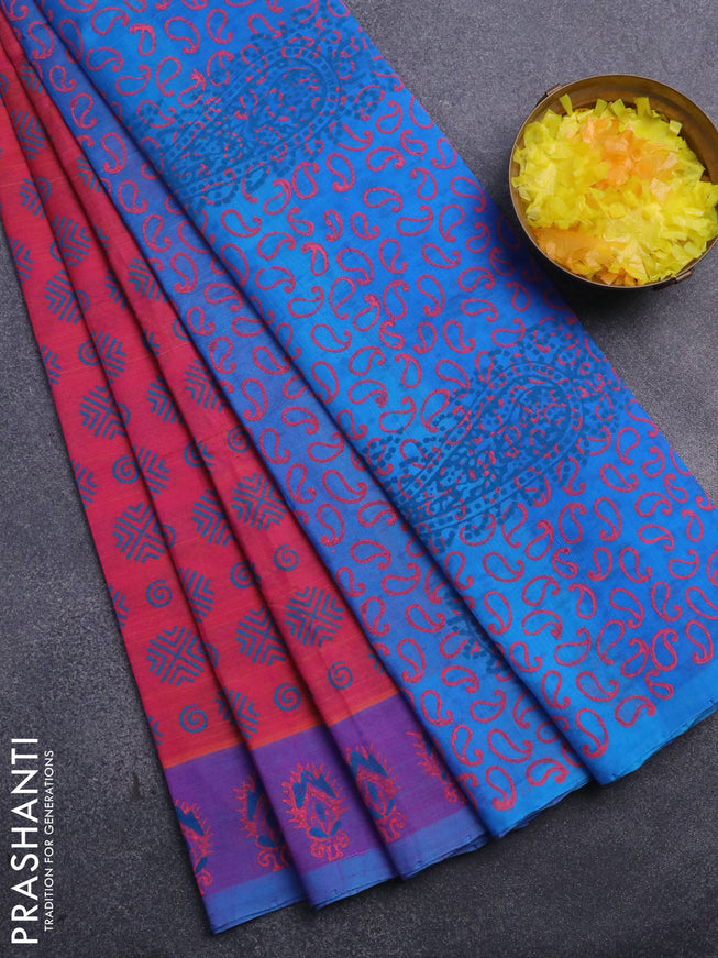 Silk cotton block printed saree dual shade of pinkish orange and blue with allover prints and printed border