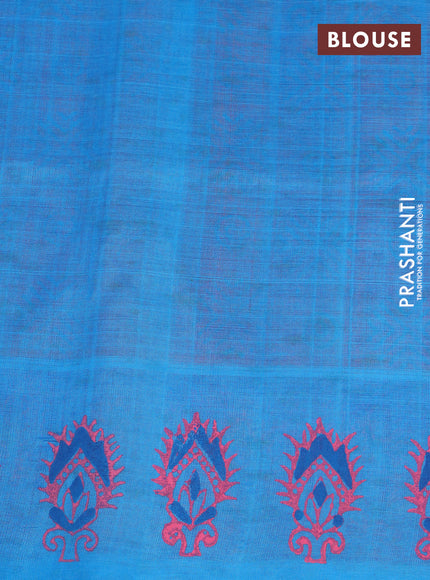 Silk cotton block printed saree dual shade of pinkish orange and blue with allover prints and printed border