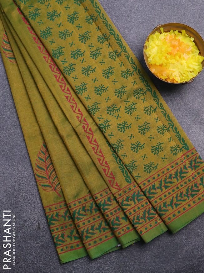 Silk cotton block printed saree dual shade of greenish yellow with butta prints and printed border