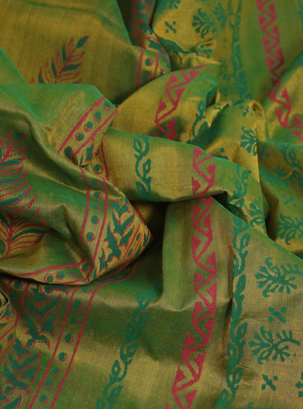 Silk cotton block printed saree dual shade of greenish yellow with butta prints and printed border