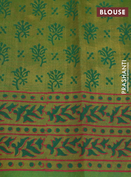 Silk cotton block printed saree dual shade of greenish yellow with butta prints and printed border