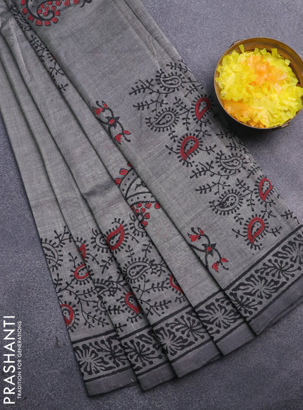 Silk cotton block printed saree grey with butta prints and printed border