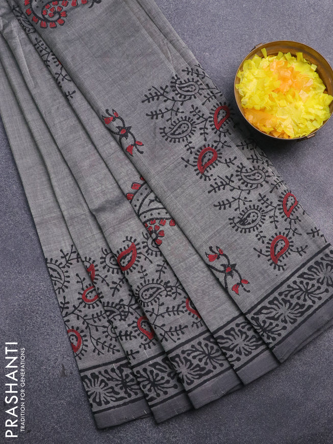 Silk cotton block printed saree grey with butta prints and printed border