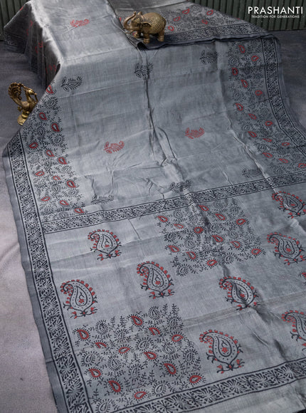 Silk cotton block printed saree grey with butta prints and printed border