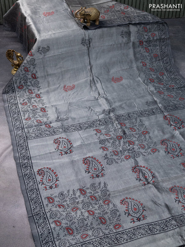 Silk cotton block printed saree grey with butta prints and printed border