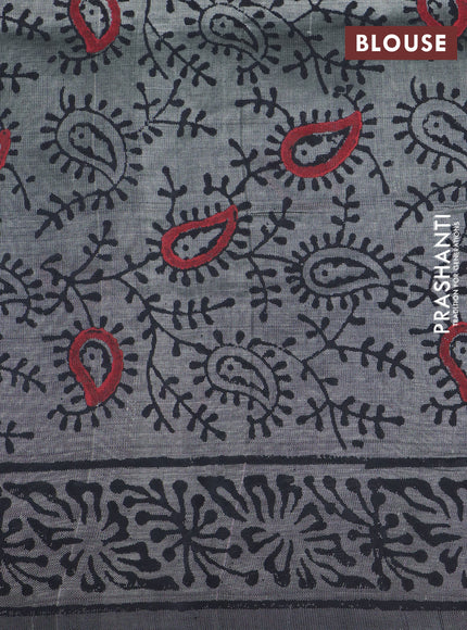 Silk cotton block printed saree grey with butta prints and printed border