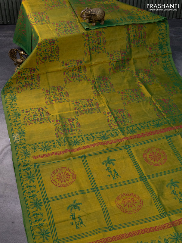 Silk cotton block printed saree dual shade of greenish yellow with allover warli prints and printed border