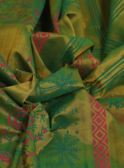 Silk cotton block printed saree dual shade of greenish yellow with allover warli prints and printed border