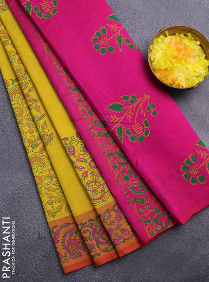 Silk cotton block printed saree pink and mustard yellow with allover prints in borderless style