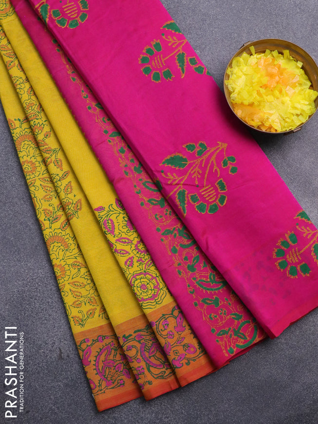 Silk cotton block printed saree pink and mustard yellow with allover prints in borderless style