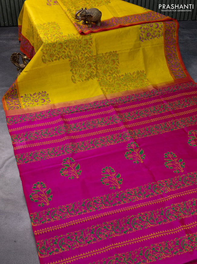 Silk cotton block printed saree pink and mustard yellow with allover prints in borderless style