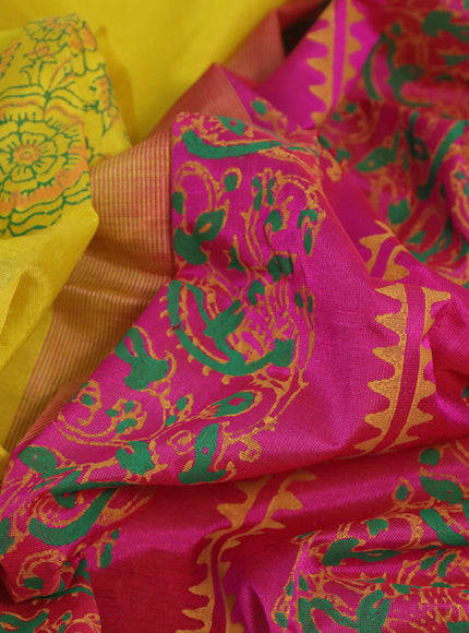 Silk cotton block printed saree pink and mustard yellow with allover prints in borderless style