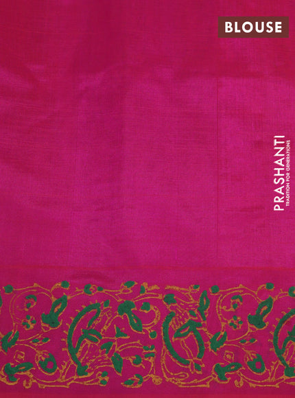 Silk cotton block printed saree pink and mustard yellow with allover prints in borderless style