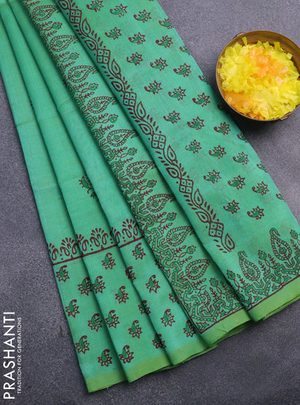 Silk cotton block printed saree teal green with butta prints and printed border