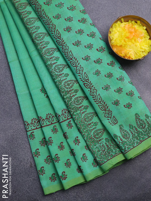 Silk cotton block printed saree teal green with butta prints and printed border