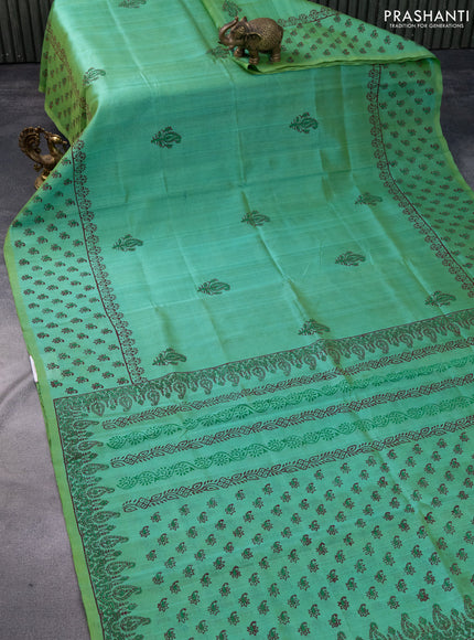 Silk cotton block printed saree teal green with butta prints and printed border