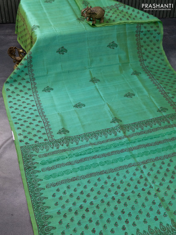 Silk cotton block printed saree teal green with butta prints and printed border