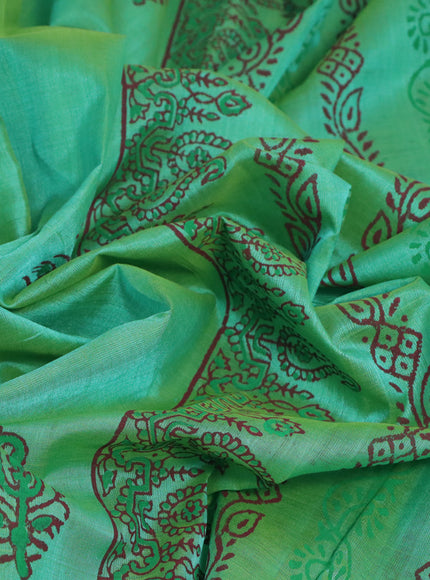 Silk cotton block printed saree teal green with butta prints and printed border