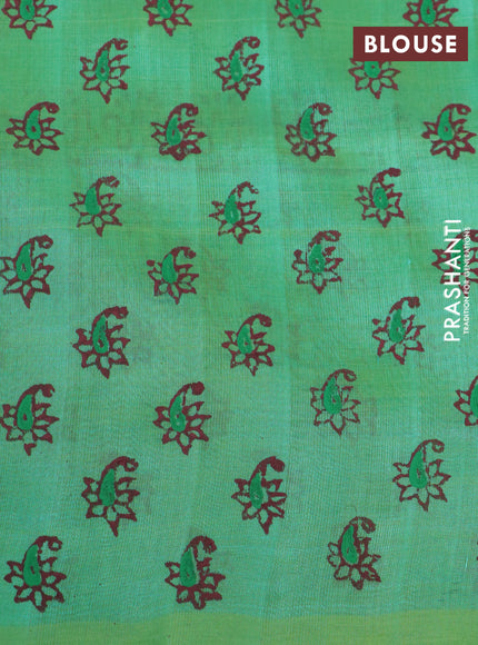 Silk cotton block printed saree teal green with butta prints and printed border