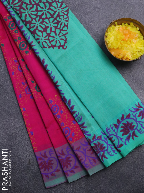 Silk cotton block printed saree pink and teal green with allover prints and printed border