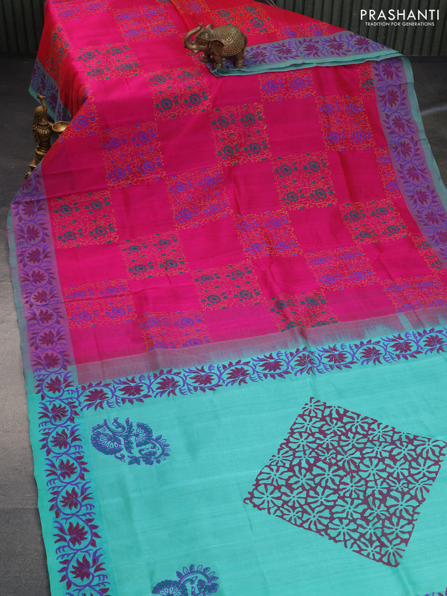 Silk cotton block printed saree pink and teal green with allover prints and printed border