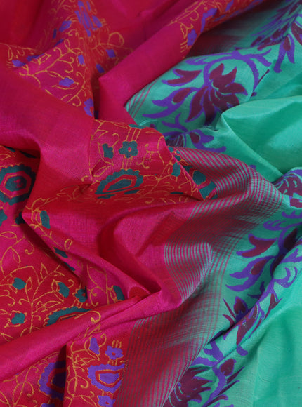 Silk cotton block printed saree pink and teal green with allover prints and printed border