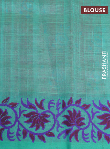 Silk cotton block printed saree pink and teal green with allover prints and printed border