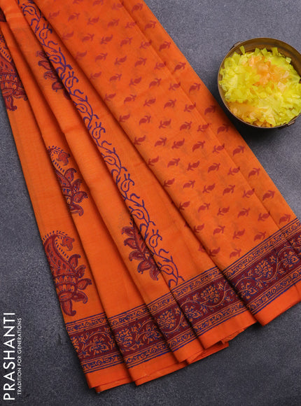 Silk cotton block printed saree orange and maroon with butta prints and printed border